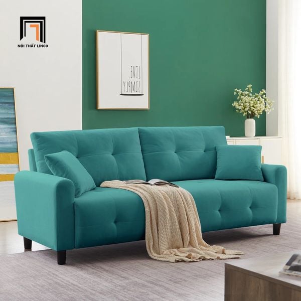 ghế sofa văng dài 1m8 nhỏ gọn, sofa băng màu xanh ngọc vải nỉ nhung xinh xắn
