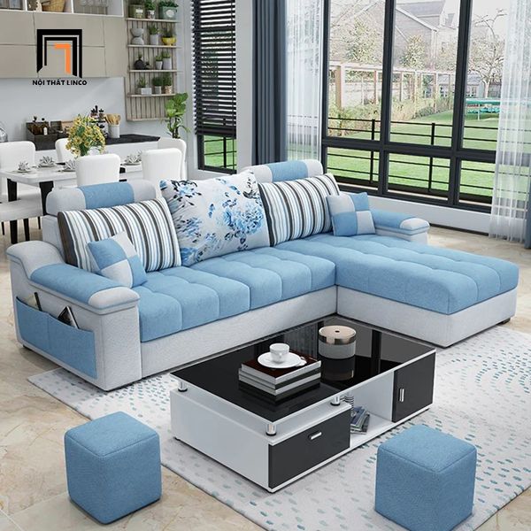 ghế sofa góc L 2m4 x 1m6 giá rẻ, bộ ghế sofa phòng khách gia đình, sofa góc l phối màu vải hiện đại