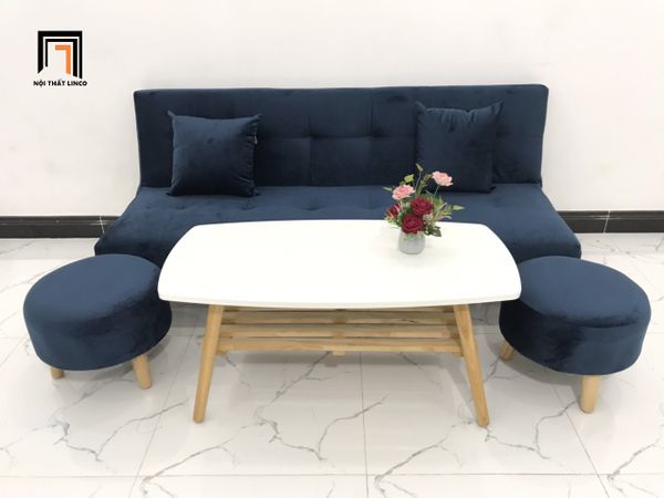 bộ ghế sofa giường giá rẻ, ghế sofa đa năng màu xanh đậm vải nhung, bộ ghế sofa 1m7 cho phòng trọ