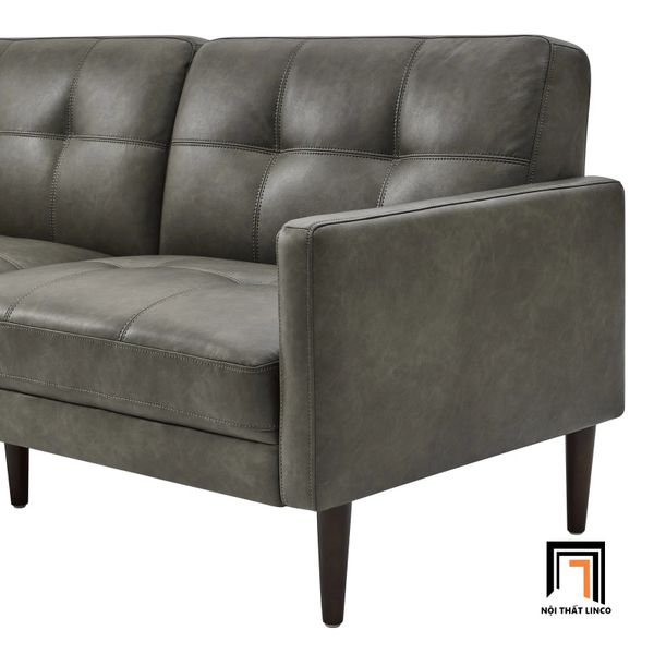 sofa giường nằm bọc da xám đậm, sofa bed bật giường thông minh cho văn phòng làm việc