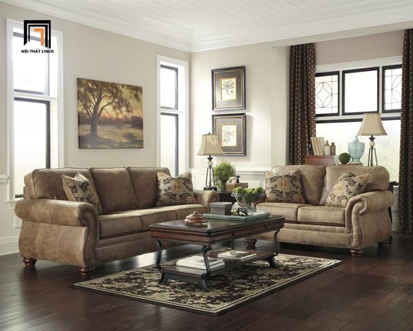 bộ ghế sofa phong cách tân cổ điển, set ghế sofa sang trọng bọc da giả