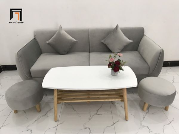 bộ ghế sofa băng phòng khách giá rẻ, ghế sofa văng màu xám trắng vải nhung dài 1m9