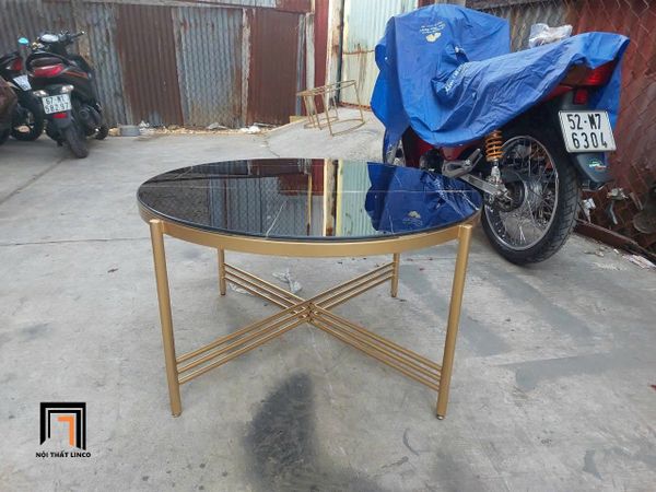 bàn sofa kính tròn đen khung chân sắt vàng, bàn trà nhỏ gọn xinh xắn mặt 60cm
