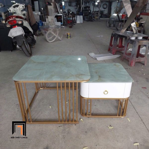 cặp bàn sofa phòng khách vuông nhỏ gọn, cặp 2 bàn trà giá rẻ kính cường lực
