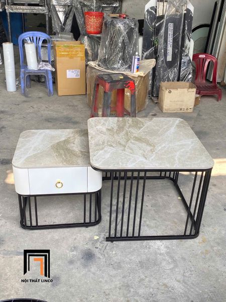 cặp bàn sofa vuông mặt đá xám khung chân inox, cặp 2 bàn trà mặt đá