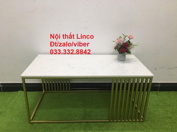 bàn sofa phòng khách 1m x 50, bàn trà mặt đá trắng khung chân sắt vàng