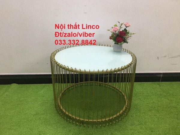 bàn sofa mặt kính trắng khung chân sắt vàng, bàn trà giá rẻ nhỏ gọn 60cm