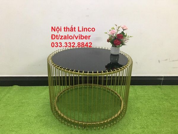 bàn sofa phòng khách giá rẻ, bàn trà mặt kính đen 60cm khung sắt vàng