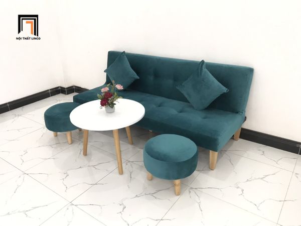 bộ ghế sofa giường xanh lá vải nhung, bộ ghế sofa bed thông minh nhỏ gọn xinh xắn