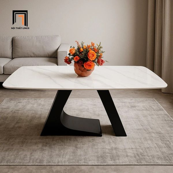 bàn trà mặt đá ceramic trắng, bàn sofa 1m x 50 khung chân sắt hiện đại