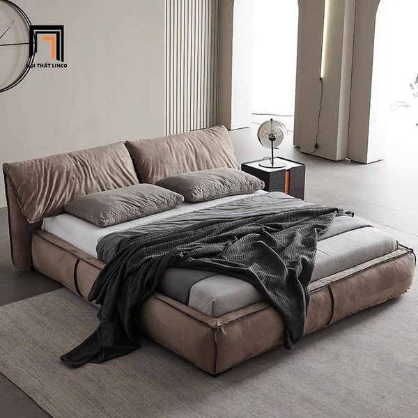 giường ngủ bọc da màu xám ghi, giường ngủ kiểu dáng hiện đại, giường bọc da sang trọng, giường 1m6 x 2m