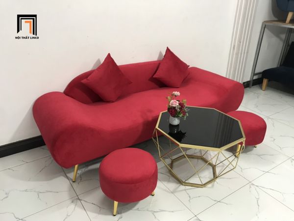 bộ ghế sofa phòng khách màu đỏ đô vải nhung, ghế sofa văng thuyền vải nỉ dài 2m giá rẻ