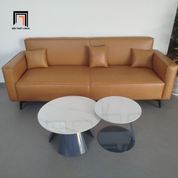 cặp bàn trà mặt đá tròn cao cấp, cặp 2 bàn sofa phòng khách khung chân sắt xòe