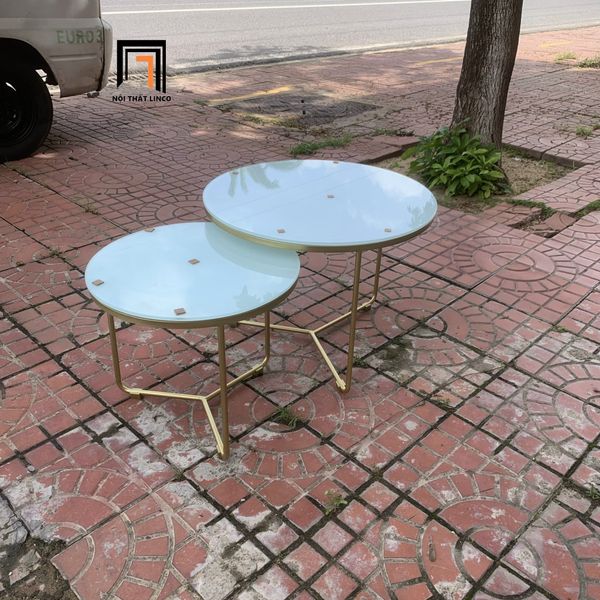cặp bàn sofa phòng khách kính cường lực, cặp bàn sofa đôi khung chân sắt vàng
