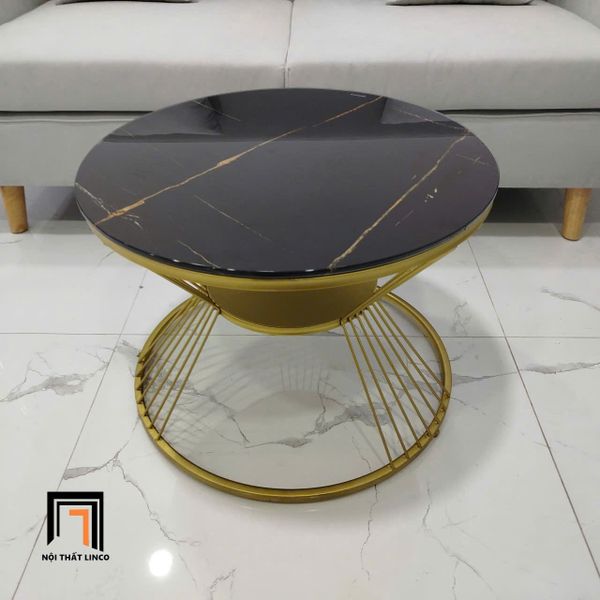 bàn sofa mặt kính tròn giả đá, bàn sofa giá rẻ mặt 60cm, bàn sofa khung chân sắt vàng