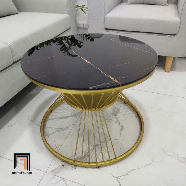 bàn sofa mặt kính tròn giả đá, bàn sofa giá rẻ mặt 60cm, bàn sofa khung chân sắt vàng