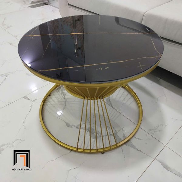 bàn sofa mặt kính tròn giả đá, bàn sofa giá rẻ mặt 60cm, bàn sofa khung chân sắt vàng