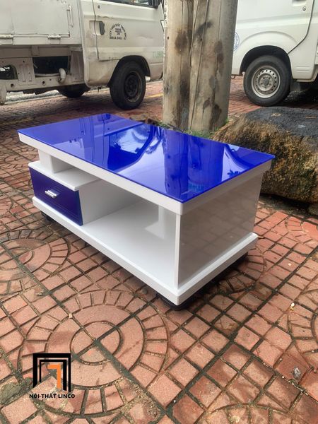 bàn sofa mặt kính xanh dương 1m x 50 giá rẻ, bàn sofa chữ nhật hộc kéo nhỏ