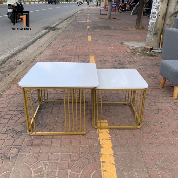 cặp bàn trà mặt đá vuông trắng, cặp 2 bàn sofa phòng khách chung cư giá rẻ