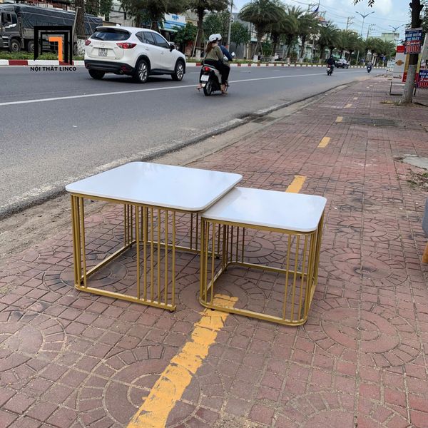 cặp bàn trà mặt đá vuông trắng, cặp 2 bàn sofa phòng khách chung cư giá rẻ