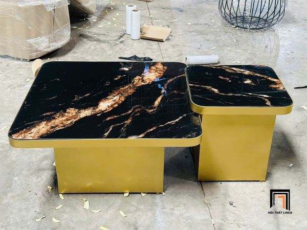 cặp 2 bàn trà phòng khách cao cấp, cặp bàn sofa vuông mặt kính giả đá sang trọng