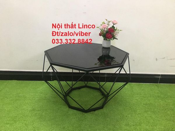 bàn sofa gia đình hình lục giác 70cm, bàn trà phòng khách mặt kính phun sơn đen
