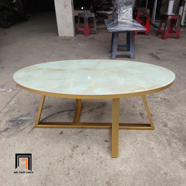 bàn trà phòng khách hình oval mặt kính giả đá, bàn sofa 1m x 50 giá rẻ khung chân sắt