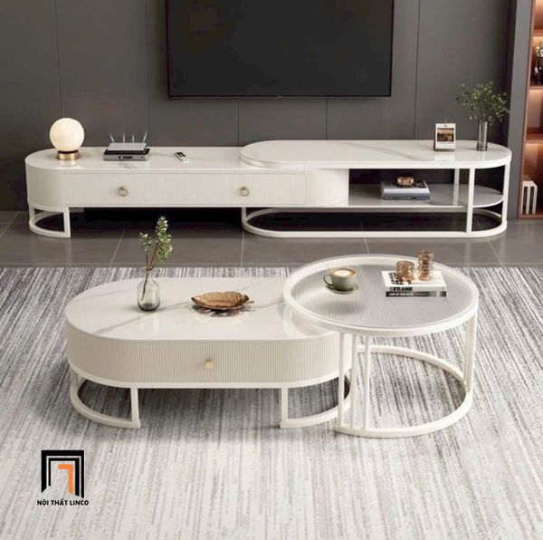 cặp 2 bàn trà phòng khách sang trọng, cặp bàn sofa sơn màu trắng
