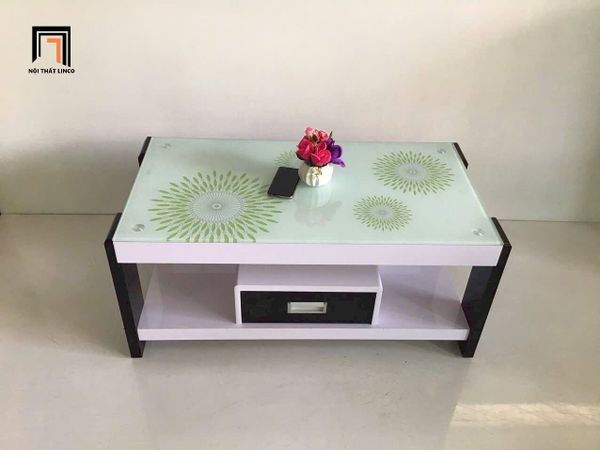 bàn sofa phòng khách chữ nhật 1m x 50, bàn trà mặt kính in hoa có hộc kéo nhỏ