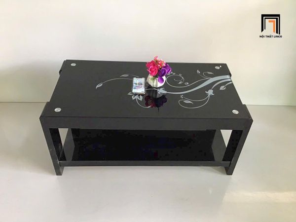 bàn trà mặt kính in hoa xinh xắn, bàn sofa 1m x 50 giá rẻ phun sơn đen