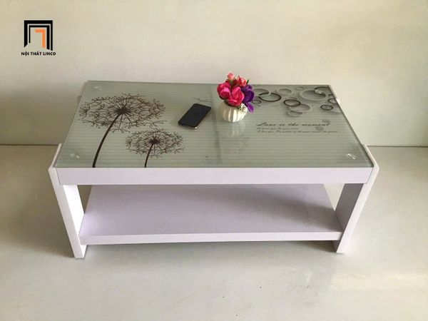 bàn sofa phòng khách chữ nhật 1m x 50 giá rẻ, bàn trà chữ nhật trắng mặt kính in hoa đẹp
