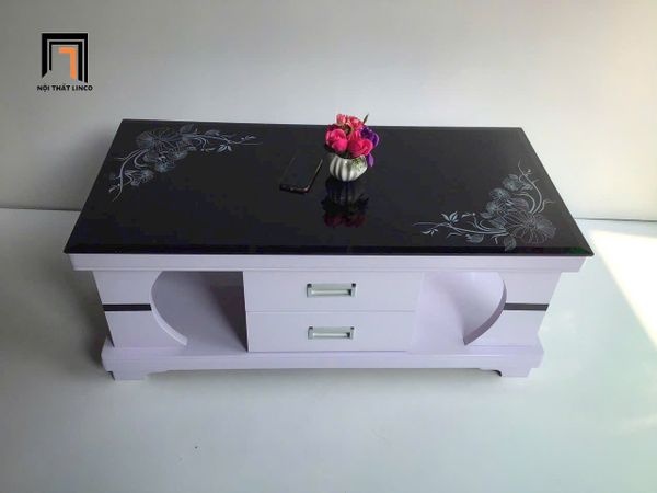 bàn trà mặt kính đen 1m x 50 hộc kéo trắng, bàn sofa phòng khách sang trọng