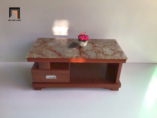 bàn trà chữ nhật mặt kính giả đá, bàn trà phòng khách màu nâu 1m x 50