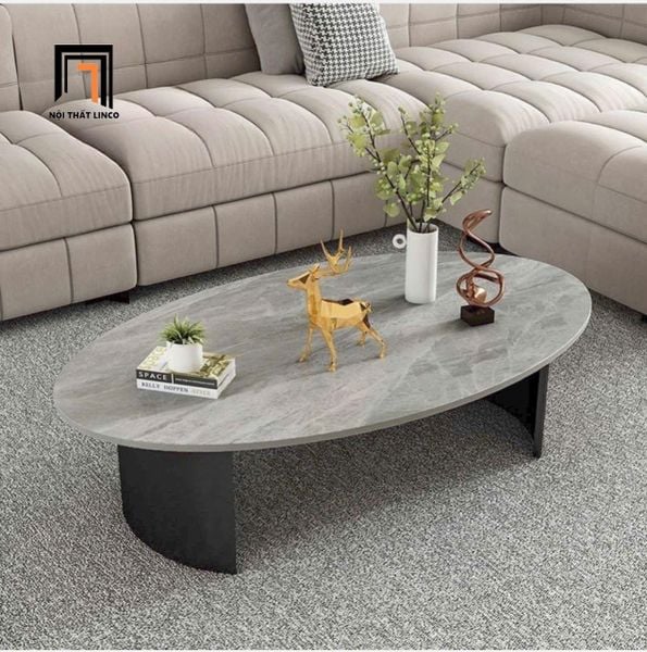 bàn sofa phòng khách hình oval mặt đá 1m x 60, bàn trà khung chân sắt cao cấp