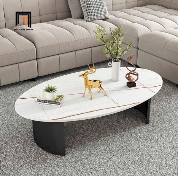 bàn sofa phòng khách hình oval mặt đá 1m x 60, bàn trà khung chân sắt cao cấp