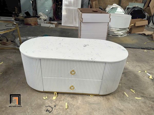 bàn trà mặt đá oval trắng hộc kéo 2 tầng, bàn sofa 1m x 50 cho gia đình xinh xắn