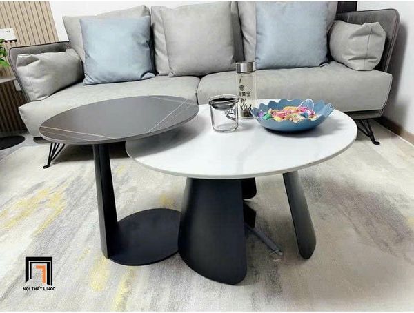 cặp bàn trà mặt đá tròn cao cấp, cặp 2 bàn sofa phòng khách khung chân sắt xòe