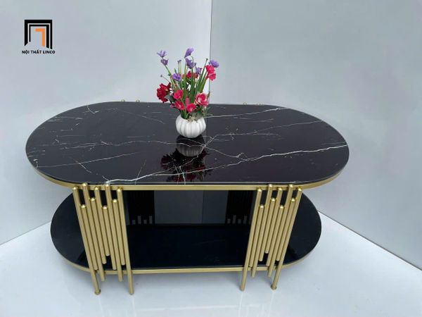 bàn sofa phòng khách hình oval kính giả đá 1m x 50, bàn trà mặt kính cường lực 2 tầng
