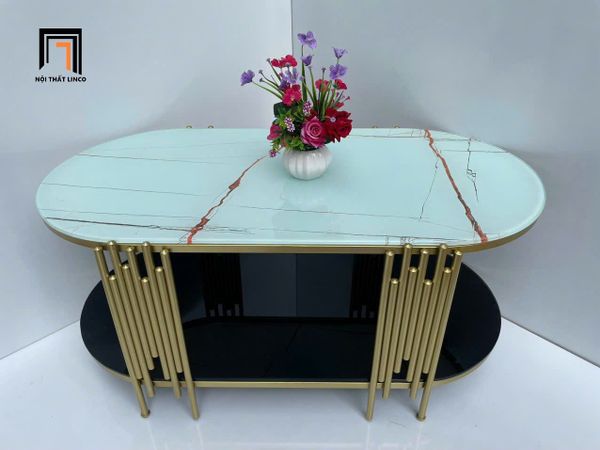 bàn sofa phòng khách hình oval kính giả đá 1m x 50, bàn trà mặt kính cường lực 2 tầng