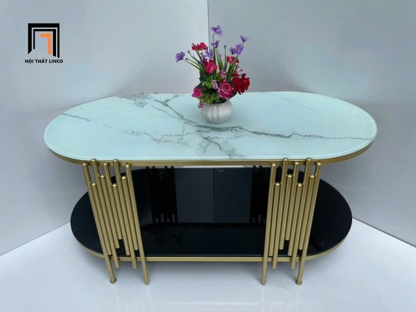 bàn sofa phòng khách hình oval kính giả đá 1m x 50, bàn trà mặt kính cường lực 2 tầng