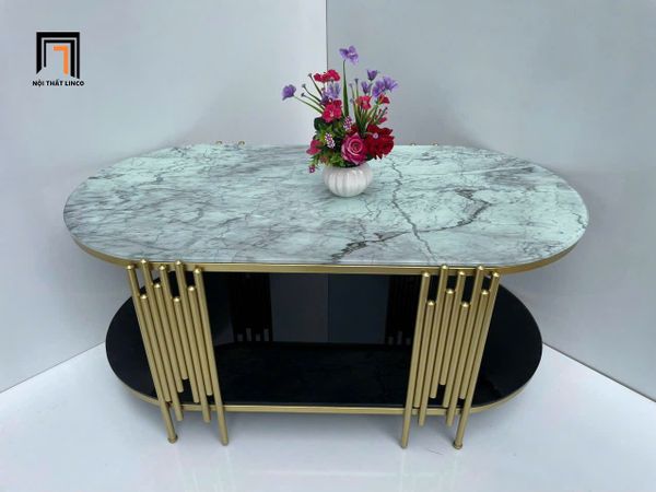 bàn sofa phòng khách hình oval kính giả đá 1m x 50, bàn trà mặt kính cường lực 2 tầng