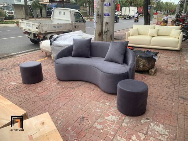 sofa, ghế sofa, sofa băng, sofa cong 1m8, ghế sofa vải nhung xám đen, sofa băng xinh xắn cho khách ngồi