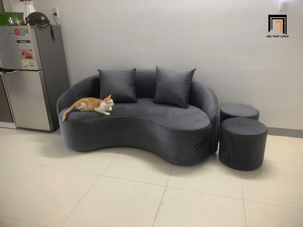 sofa, ghế sofa, sofa băng, sofa cong 1m8, ghế sofa vải nhung xám đen, sofa băng xinh xắn cho khách ngồi