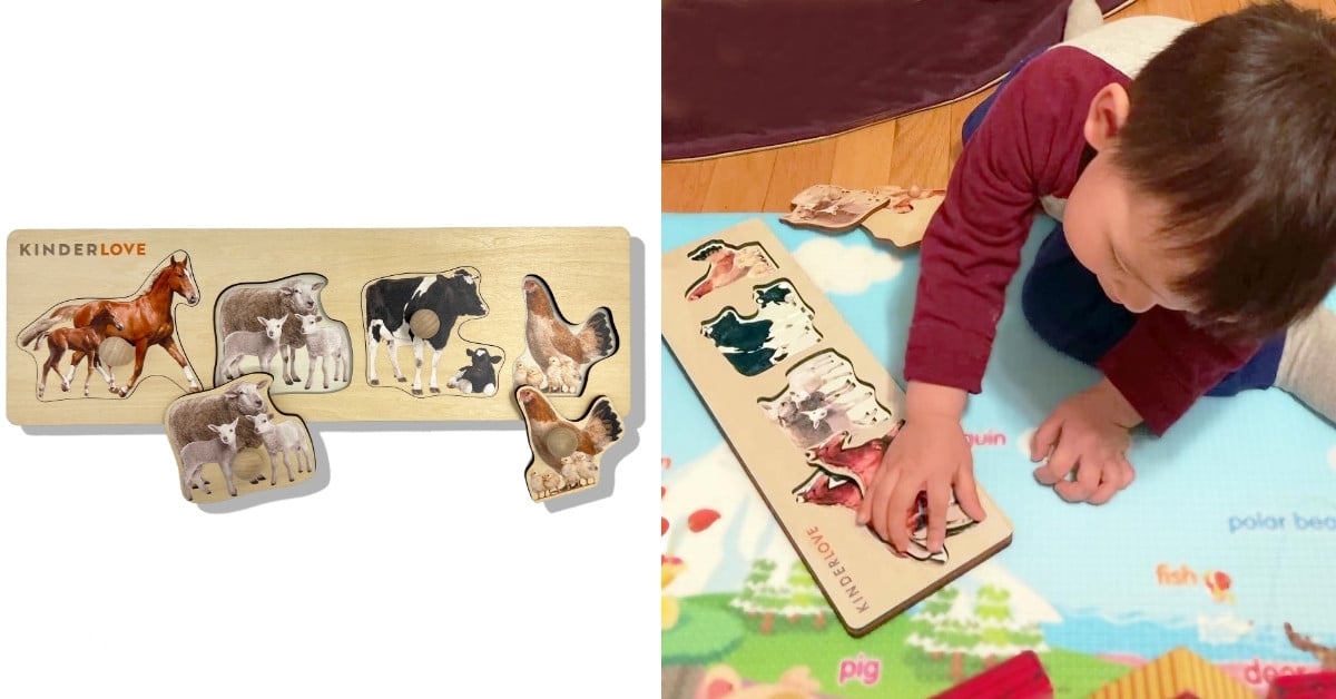 Hình ảnh trẻ chơi đồ chơi gỗ Ghép hình nông trại của Kinderlove