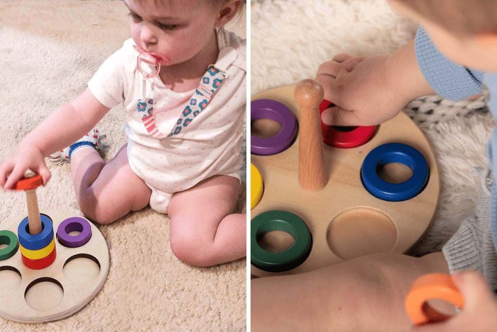 Hình ảnh trẻ chơi Đồ chơi giáo dục và Đồ chơi Montessori Xếp vòng gỗ trong hộp đồ chơi Bập Bẹ của Kinderlove cho bé 12-13 tháng tuổi