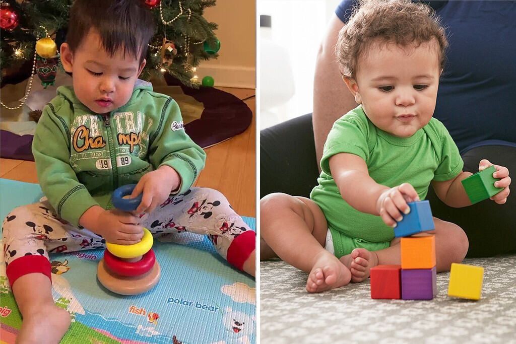 Hình ảnh trẻ chơi sản phẩm Xếp vòng lung lay và Những khối gỗ đầu tiên trong Hộp đồ chơi Khám Phá của Kinderlove cho các bé 8-9 tháng tuổi