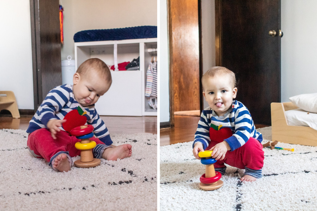 Hình ảnh trẻ chơi sản phẩm Xếp vòng lung lay trong hộp đồ chơi Khám phá của Kinderlove cho bé 8-9 tháng tuổi