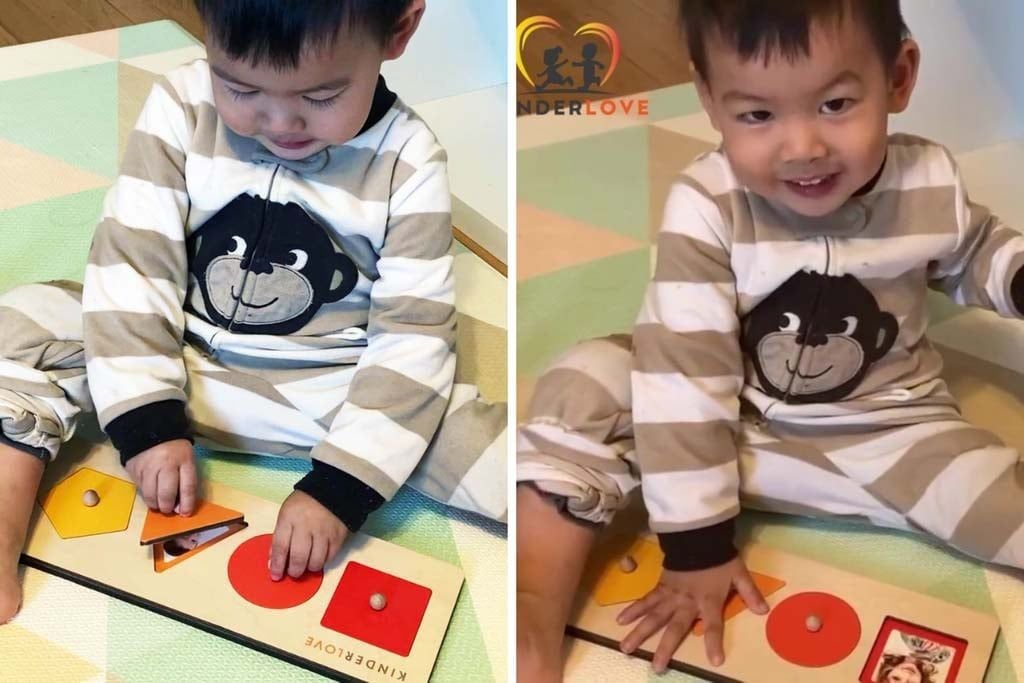 Hình ảnh trẻ chơi Đồ chơi giáo dục và Đồ chơi Montessori Ghép hình hình học trong Hộp đồ chơi Chuyển Động của Kinderlove cho bé 14-15 tháng tuổi