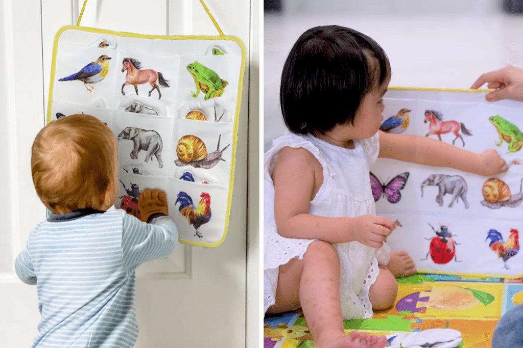 Hình ảnh trẻ chơi Đồ chơi cho thú vào túi trong Hộp đồ chơi Tập Trung của Kinderlove cho bé 18-19 tháng tuổi