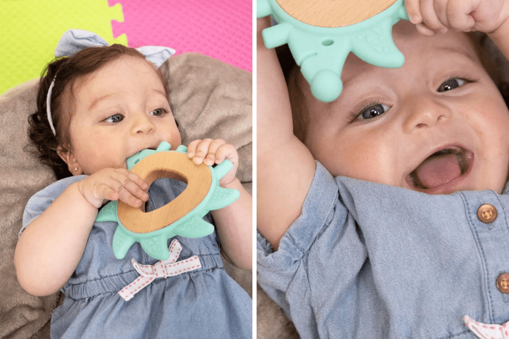 Hình ảnh trẻ chơi Vòng ngặm nướu con nhím trong Hộp đồ chơi Kết Nối của Kinderlove cho bé 2-3 tháng tuổi